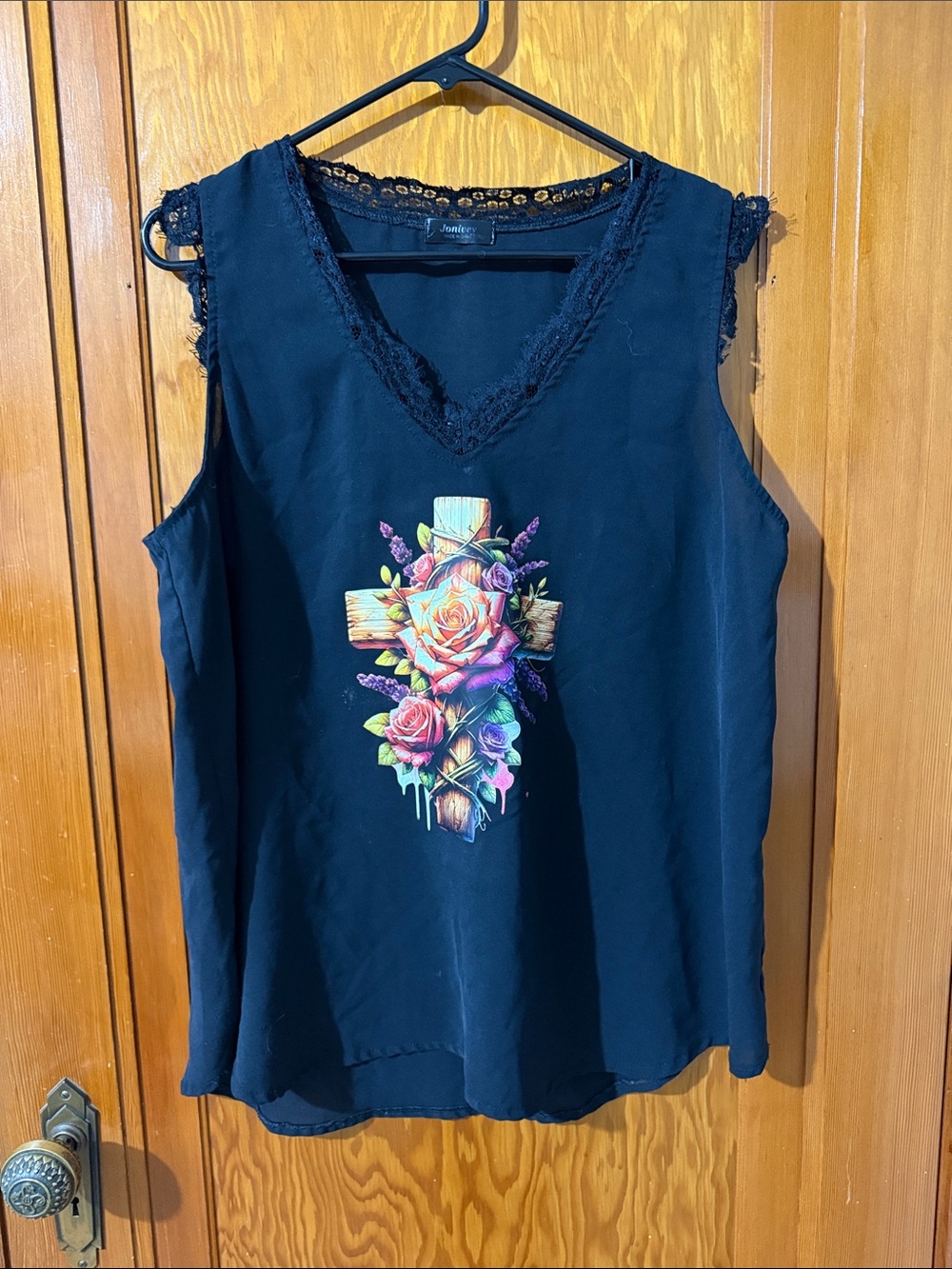 Women's Black Lace Trim Sleeveless Top with Floral Cross